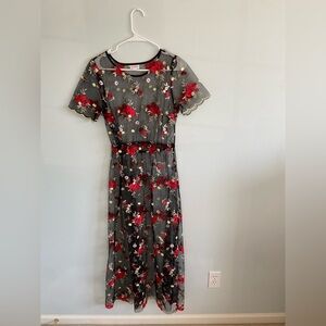 Lularoe Deanne II Layering Sheer Dress Floral Embroidery Black and Red Size M